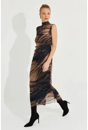 Kadın Camel-Siyah Desenli Maxi Tül Elbise RMZ21181
