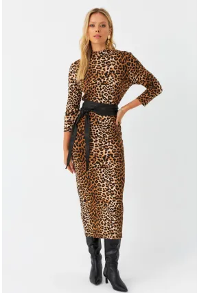 Kadın Camel-Siyah Desenli Midi Elbise MLPP400