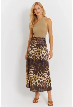 Kadın Camel-Siyah Desenli Saten Etek KED170
