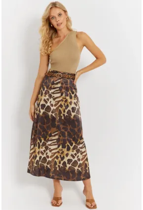 Kadın Camel-Siyah Desenli Saten Etek KED170