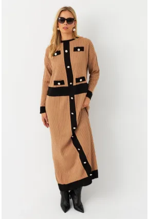 Kadın Camel-Siyah Düğme Detaylı Maxi Elbise MTC3201