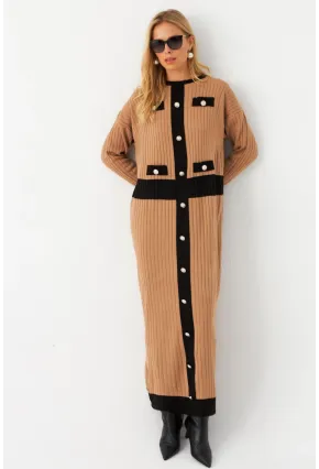 Kadın Camel-Siyah Düğme Detaylı Maxi Elbise MTC3201