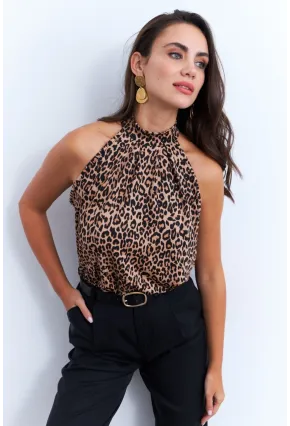 Kadın Camel-Siyah Halter Yaka LeoparDesenli Bluz LPP1273
