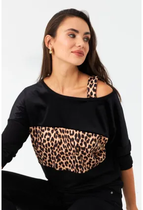 Kadın Camel-Siyah Kadife Bloklu Leopar Desenli Sweatshirt ST097