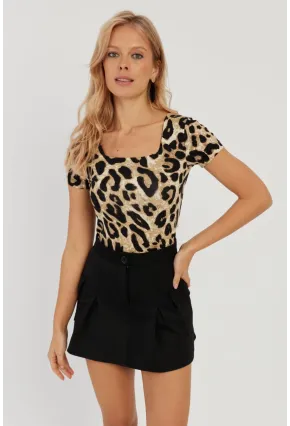 Kadın Camel-Siyah Kare Yaka Leopar Desenli Bluz LPP1258