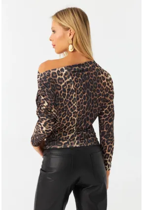Kadın Camel-Siyah Kayık Yaka Leopar Bluz DMR382-1