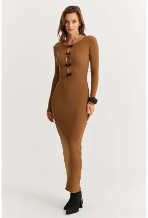 Kadın Camel-Siyah Kurdele Detaylı Kaşkorse Maxi Yılbaşı Elbise XL2043