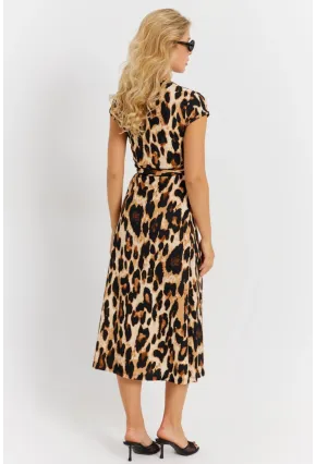Kadın Camel-Siyah Kuruvaze Bağlamalı Leopar Desenli Midi Elbise EY2896
