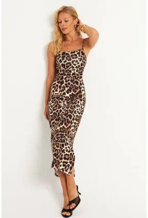 Kadın Camel-Siyah Leopar Desenli Astarlı Midi Elbise HC1540