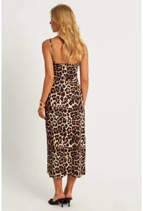 Kadın Camel-Siyah Leopar Desenli Astarlı Midi Elbise HC1540