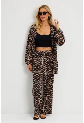 Kadın Camel-Siyah Leopar Desenli Kimono Takım GÇ163