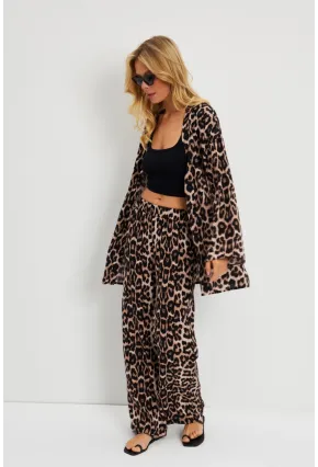 Kadın Camel-Siyah Leopar Desenli Kimono Takım GÇ163