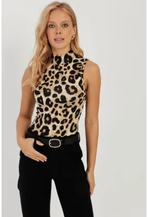 Kadın Camel-Siyah Leopar Desenli Kolsuz Bluz LPP1259