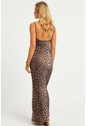 Kadın Camel-Siyah Leopar Desenli Maxi Elbise MEN2052