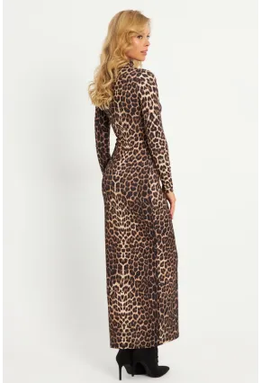 Kadın Camel-Siyah Leopar Desenli Maxi Yılbaşı Elbise LİK07