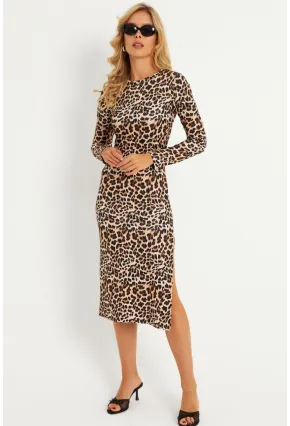 Kadın Camel-Siyah Leopar Desenli Midi Elbise YLE31