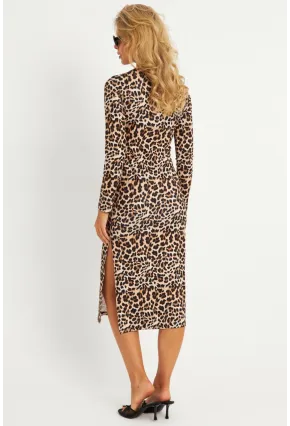 Kadın Camel-Siyah Leopar Desenli Midi Elbise YLE31