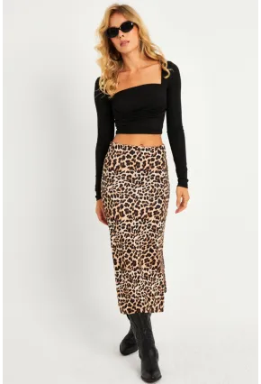 Kadın Camel-Siyah Leopar Desenli Midi Etek YLE21