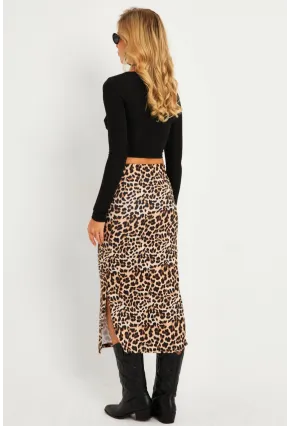 Kadın Camel-Siyah Leopar Desenli Midi Etek YLE21