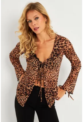Kadın Camel-Siyah Leopar Desenli Tül  Bluz GÇ175