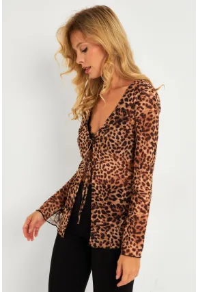 Kadın Camel-Siyah Leopar Desenli Tül  Bluz GÇ175