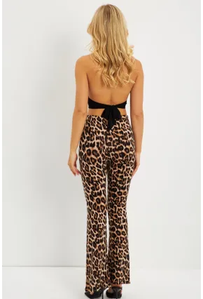 Kadın Camel-Siyah Leopar İspanyol Paça Pantolon LPP1278