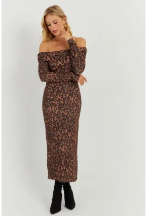 Kadın Camel-Siyah Leopar Madonna Midi Elbise RMZ21254