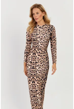 Kadın Camel-Siyah Leopar Maxi Elbise MON121