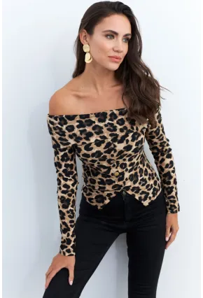 Kadın Camel-Siyah Madonna Yaka Leopar Bluz RLO77