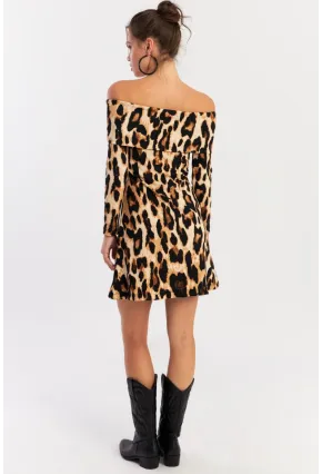 Kadın Camel-Siyah Madonna Yaka Leopar Mini Elbise EY2915