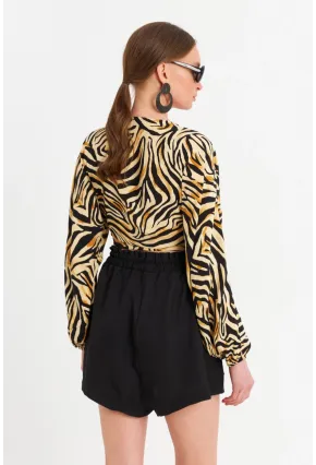 Kadın Camel-Siyah Önü Bağlamalı Crop Bluz TPG03