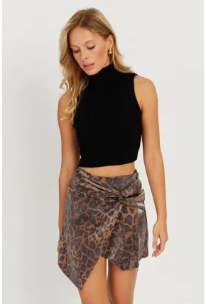 Kadın Camel-Siyah Önü Düğümlü Mini Leopar Etek NH89