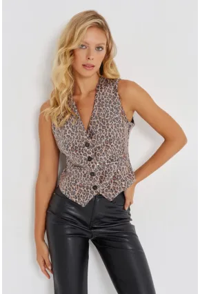 Kadın Camel-Siyah Payetli Leopar Yelek TW60170