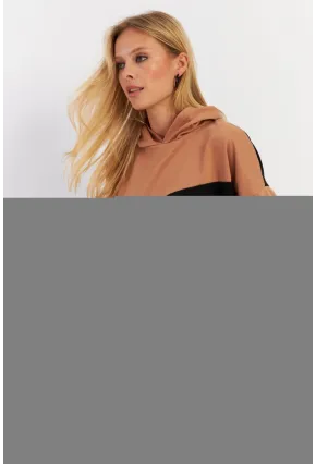 Kadın Camel-Siyah Renk Bloklu Kapüşonlu Sweatshirt DA148
