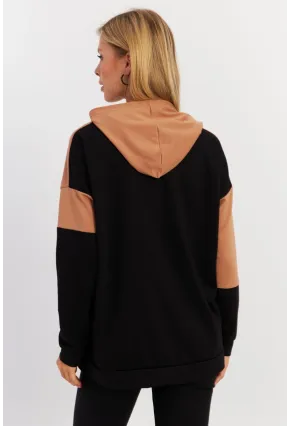 Kadın Camel-Siyah Renk Bloklu Kapüşonlu Sweatshirt DA148