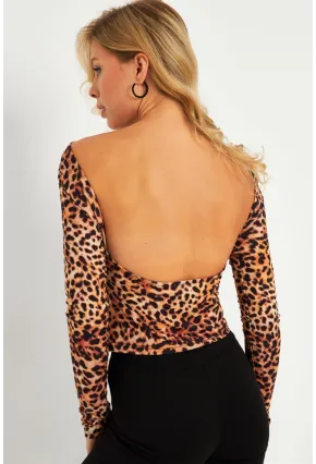 Kadın Camel-Siyah Sırtı Açık Leopar Desenli Bluz GÇ187
