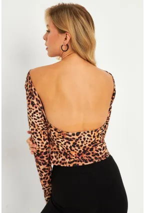 Kadın Camel-Siyah Sırtı Açık Leopar Desenli Bluz GÇ187