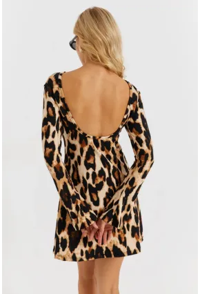 Kadın Camel-Siyah Sırtı Açık Leopar Desenli Midi Elbise EY2891