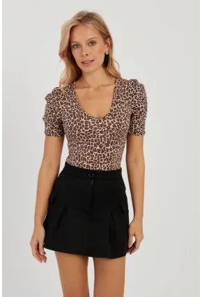 Kadın Camel-Siyah V Yaka Leopar Bluz LPP1263
