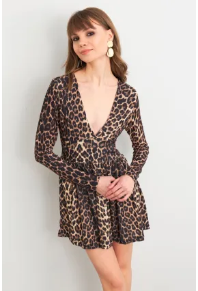 Kadın Camel-Siyah V Yaka Leopar Mini Elbise LİK17