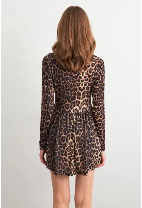 Kadın Camel-Siyah V Yaka Leopar Mini Elbise LİK17