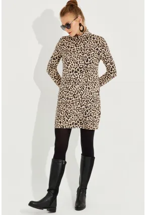 Kadın Camel-Siyah Yumoş Leopar Mini Elbise AYD253