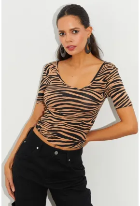Kadın Camel-Siyah Zebra Desenli Bluz LPP1224