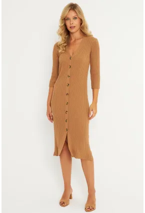Kadın Camel Triko Midi Gömlek Elbise YV274