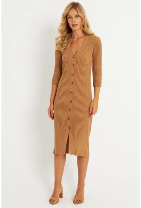 Kadın Camel Triko Midi Gömlek Elbise YV274