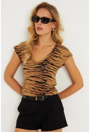 Kadın Camel V Yaka Desenli Bluz LPP1285