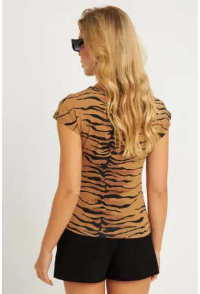 Kadın Camel V Yaka Desenli Bluz LPP1285