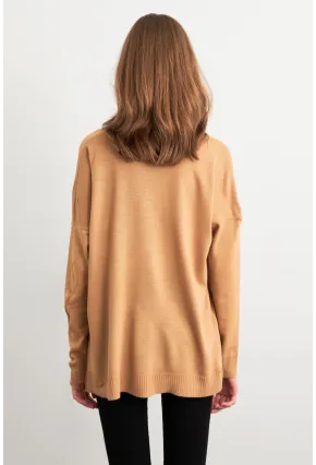 Kadın Camel V Yaka Triko Kazak YİL549