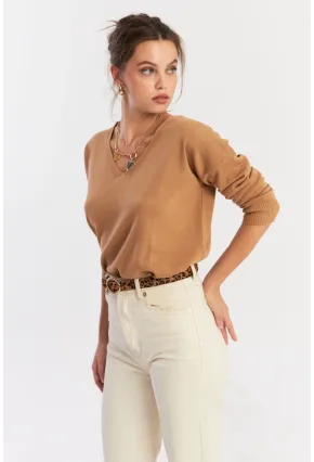 Kadın Camel V Yaka Yalaş Triko Bluz YİL552