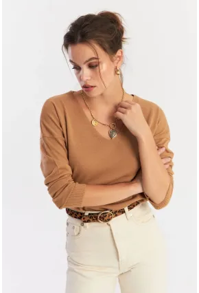 Kadın Camel V Yaka Yalaş Triko Bluz YİL552